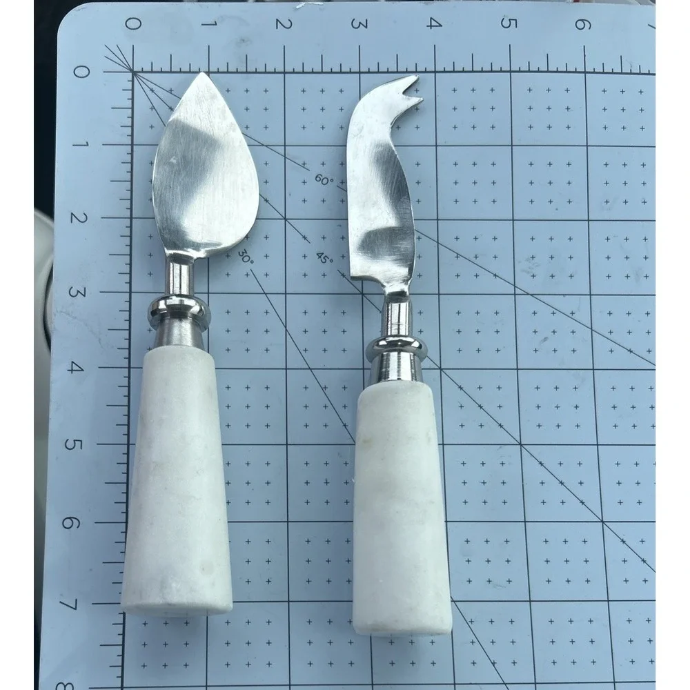 Set of 2 Cheese Knives Marble Handle White Stainless Steel. Charcuterie Board.